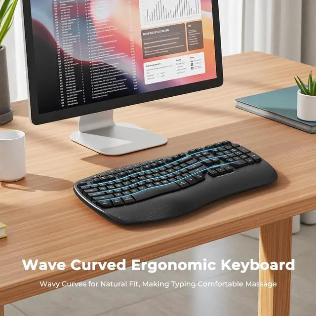 Alt view image 2 of 5 - MEETION Wireless Ergonomic Keyboard, Wave Keys Wrist Rest Natural Typing Keyboard, 2.4G Cordless USB A and USB C Adapter, Wireless Computer Keyboard Compatible with Windows/Mac/PC/Laptop, Black