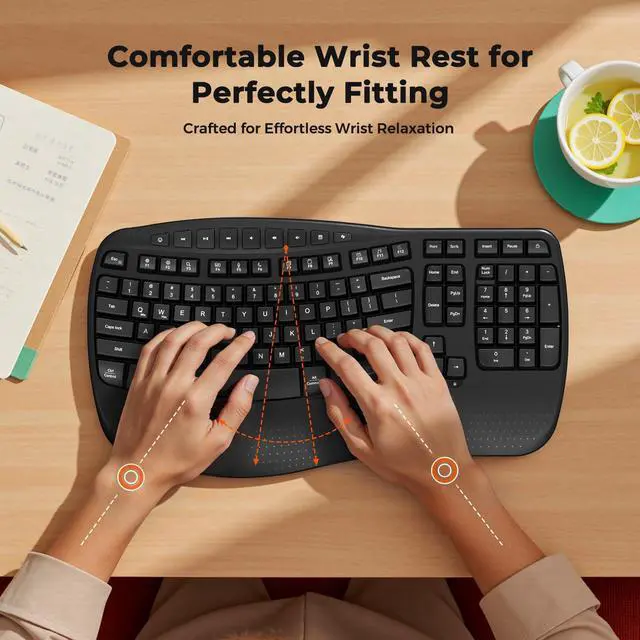 Alt view image 3 of 5 - MEETION Wireless Ergonomic Keyboard, Wave Keys Wrist Rest Natural Typing Keyboard, 2.4G Cordless USB A and USB C Adapter, Wireless Computer Keyboard Compatible with Windows/Mac/PC/Laptop, Black
