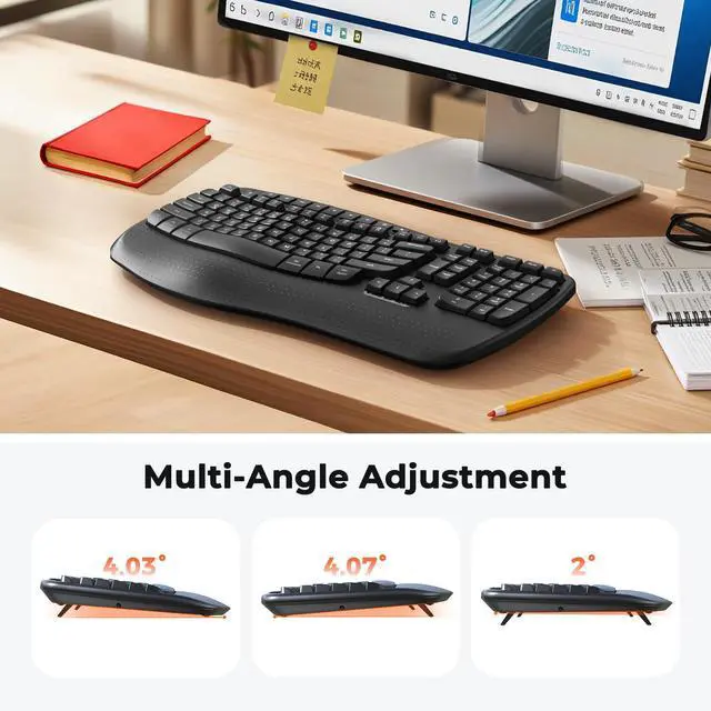 Alt view image 4 of 5 - MEETION Wireless Ergonomic Keyboard, Wave Keys Wrist Rest Natural Typing Keyboard, 2.4G Cordless USB A and USB C Adapter, Wireless Computer Keyboard Compatible with Windows/Mac/PC/Laptop, Black