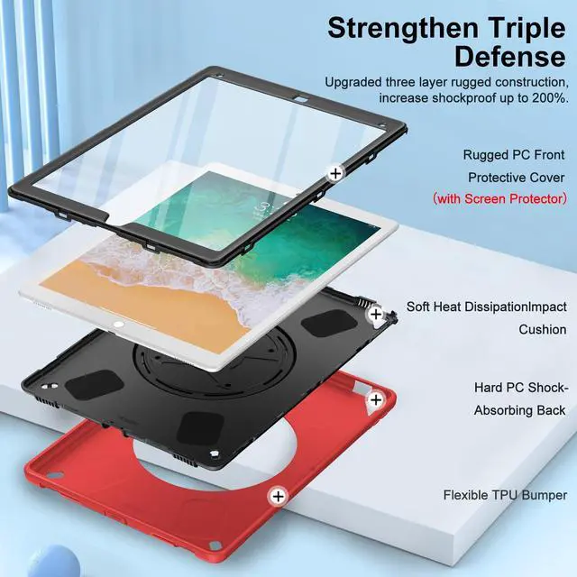 Alt view image 3 of 5 - Miesherk Case for iPad Pro 12.9 2nd Generation 2017 & 2015 1st Generation, Heavy Duty Rugged Shockproof Protective Cover w/360degRotating Stand/Hand/Shoulder Strap/Pencil Holder Red