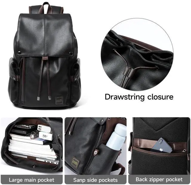 Alt view image 3 of 5 - MOYYI Leather Backpack for Men Fits 15.6" Laptop Vintage Backpacks Waterproof Drawstring Backpack for Travel Daily Work Black