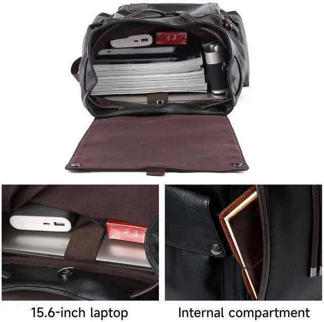 Alt view image 2 of 5 - MOYYI Leather Backpack for Men Fits 15.6" Laptop Vintage Backpacks Waterproof Drawstring Backpack for Travel Daily Work Black
