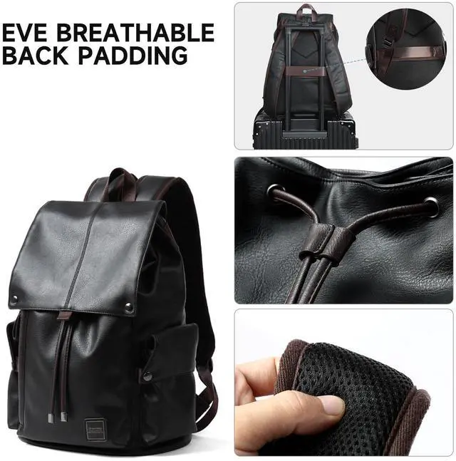 Alt view image 4 of 5 - MOYYI Leather Backpack for Men Fits 15.6" Laptop Vintage Backpacks Waterproof Drawstring Backpack for Travel Daily Work Black