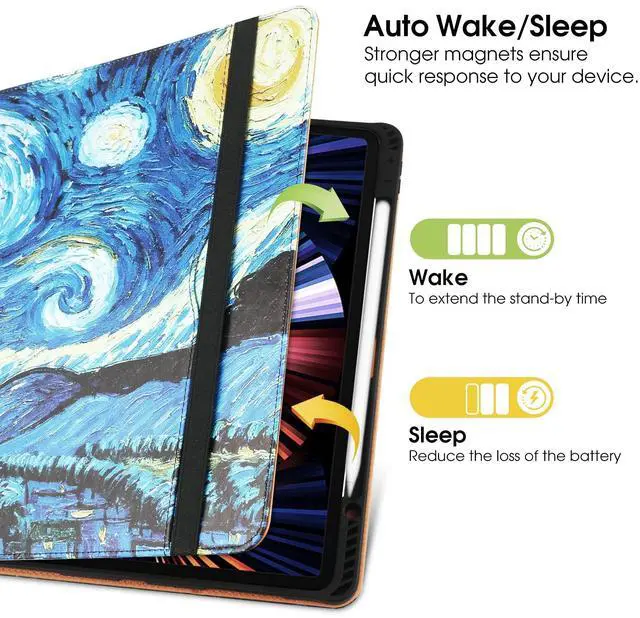 Alt view image 5 of 5 - for iPad Pro 11 Inch Case 4th Generation 2022, 11 Pro Case 3rd/2nd/1st Gen 2021/2020/2018, w/Pencil Holder, Folio Stand Leather Cover, Hand Strap, Multiple Angles & Auto Sleep/Wake, Starry Night