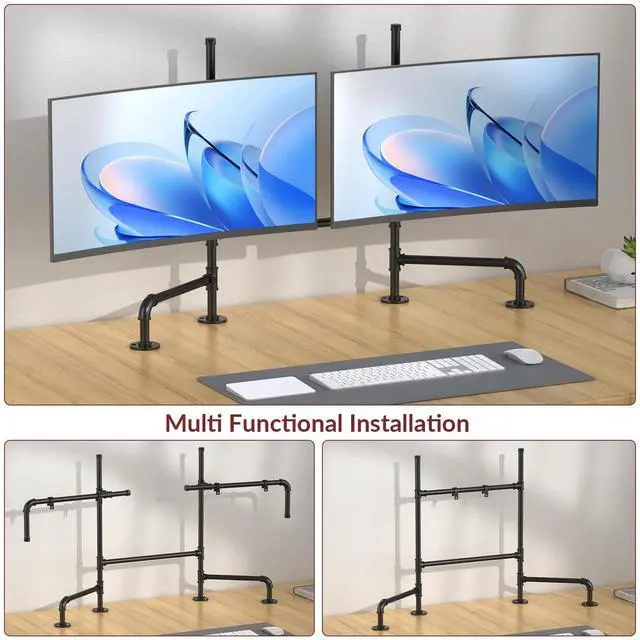 Alt view image 4 of 5 - Adjustable Dual Monitor Stand, Ergonomic Computer Monitor Holder, Free Standing Desk Mount for 13-30 Inch Screens, Monitor Arm with Cable Management, Black