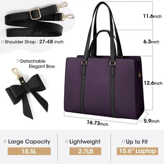 Alt view image 3 of 5 - Laptop Bag for Women 15.6 inch Laptop Tote Bag Waterproof Leather Computer Bag Large Lightweight Briefcase Professional Business Office Work Bag, Dark Purple with Black