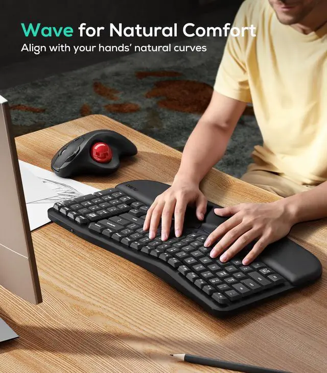 Alt view image 2 of 5 - Nulea RT08 Wave Keys Wireless Ergonomic Keyboard with Cushioned Palm Rest, 2.4GHz Ergo Cordless USB Computer Keyboard, Comfortable Natural Typing, for Laptop, Mac, Windows Black