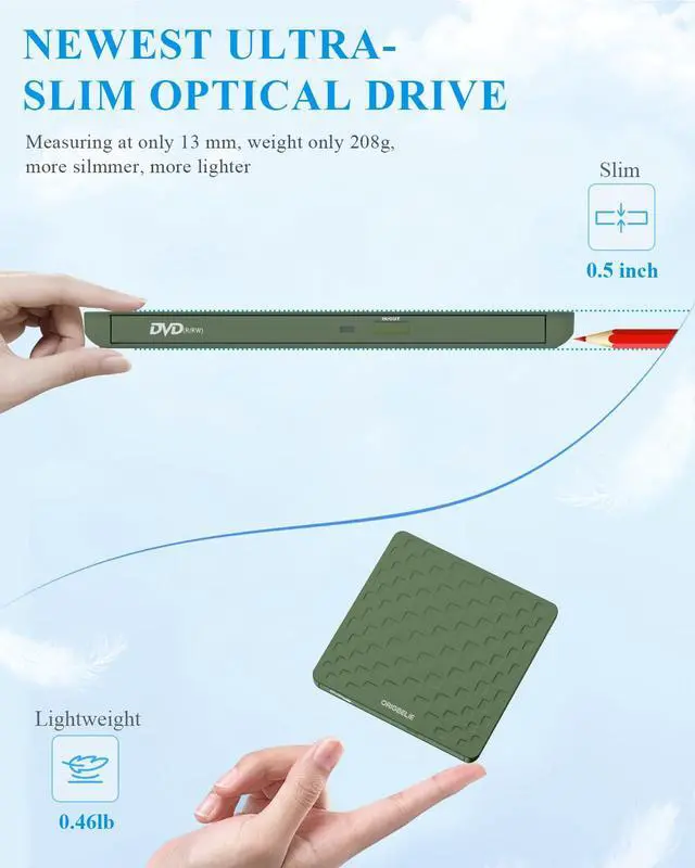 Alt view image 2 of 5 - ORIGBELIE External CD DVD Drive for Laptop, USB 3.0 Type-C Ultra Slim 13mm DVD Player Portable CD DVD +/-RW Drive CD Burner Reader Recorder for Desktop PC Windows 11/10/8/7 Linux Mac OS (Grass Green)