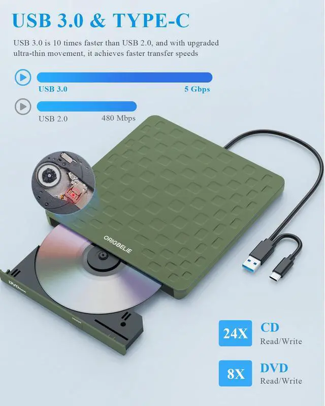 Alt view image 4 of 5 - ORIGBELIE External CD DVD Drive for Laptop, USB 3.0 Type-C Ultra Slim 13mm DVD Player Portable CD DVD +/-RW Drive CD Burner Reader Recorder for Desktop PC Windows 11/10/8/7 Linux Mac OS (Grass Green)