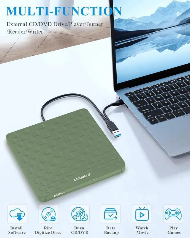 Alt view image 5 of 5 - ORIGBELIE External CD DVD Drive for Laptop, USB 3.0 Type-C Ultra Slim 13mm DVD Player Portable CD DVD +/-RW Drive CD Burner Reader Recorder for Desktop PC Windows 11/10/8/7 Linux Mac OS (Grass Green)