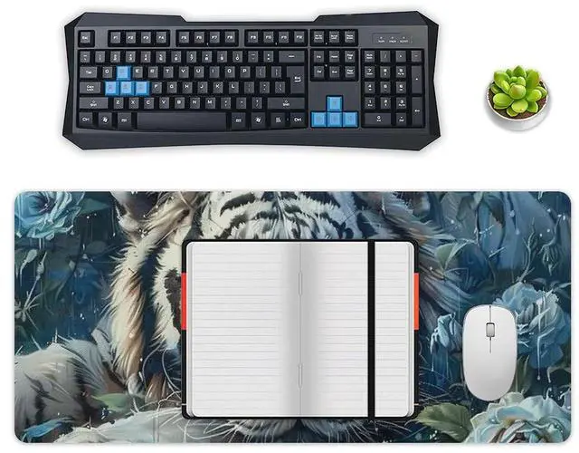 Alt view image 4 of 5 - PailailaiNest Large Mouse Pad Mousepad White Tiger Flower Blue Animal Anime Mouse Pad Big Desk Mat Computer Mouse Mat for Keyboard Non-Slip Base 40x90cm