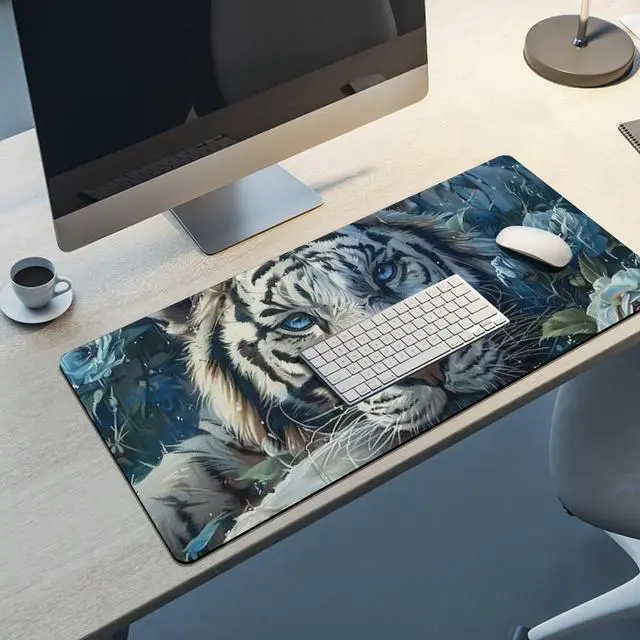 Alt view image 5 of 5 - PailailaiNest Large Mouse Pad Mousepad White Tiger Flower Blue Animal Anime Mouse Pad Big Desk Mat Computer Mouse Mat for Keyboard Non-Slip Base 40x90cm