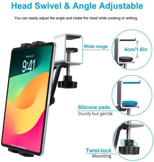 Alt view image 3 of 5 - Phichy Kitchen Cabinet Tablet Mount Holder for 4.7"-13" Phone & iPad - Under Counter Tablet Holder Stand with Metal Clamp for Desk Shelf, Compatible iPad Pro/Air/Mini, Galaxy Tabs, iPhone, Tablets