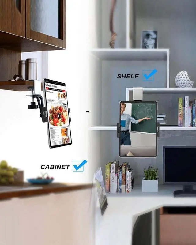 Alt view image 5 of 5 - Phichy Kitchen Cabinet Tablet Mount Holder for 4.7"-13" Phone & iPad - Under Counter Tablet Holder Stand with Metal Clamp for Desk Shelf, Compatible iPad Pro/Air/Mini, Galaxy Tabs, iPhone, Tablets