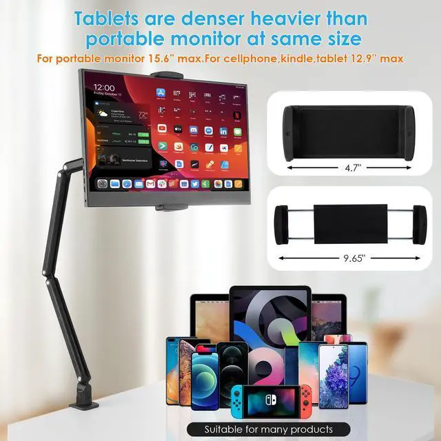 Alt view image 2 of 5 - Tablet Stand Holder for ipad,Kindle,Portable Monitor Stand Holder 15.6'' Max,Foldable Tablet Mount Arm for ipad with 360degRotate Base,Fits for Cell Phone,Kindle,Tabs 12.9'' Max