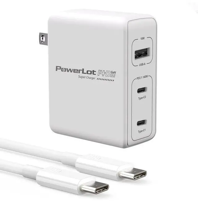 Main image of PowerLot 140W GaN PD Power Adapter,18W USB-A Charger, PD3.1 Type C Wall Charger or MacBook Pro 16'', Dell XPS, iPhone 16/15 Pro Max, iPad, Chromebook,Tablet (140W Charge with Cable)