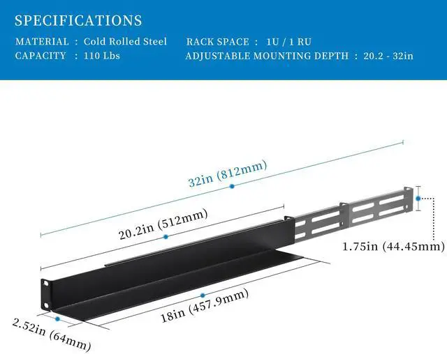 Alt view image 2 of 5 - RackPath 1U 4-Post Server Rack Rail, 20.2-32 Inch Adjustable Depth - 110lbs Capacity