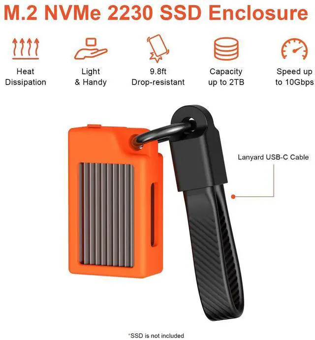 Alt view image 2 of 5 - Qwiizlab M.2 NVMe SSD Enclosure with Metal Heat Sink, 10Gbps USB-C 3.2 UASP, Supports 2230 Form Factor PCIe M Key up to 2TB, SSD Not Included, Orange