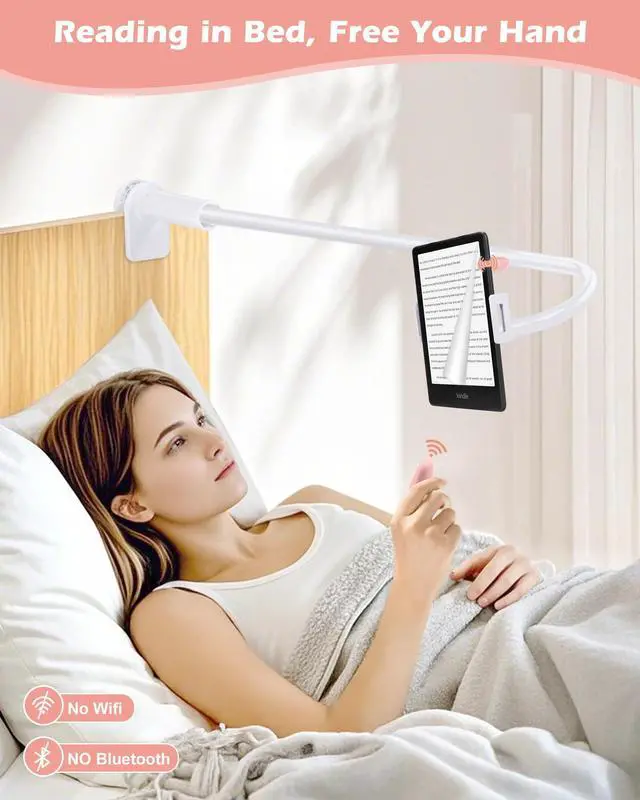 Alt view image 2 of 5 - QIWAS Gooseneck Tablet Holder for Kindle Reading in Bed with Remote Page Turner, Lazy Arm Stand for Kindle Accessories Paperwhite Colorsoft Scribe, Ereader Accessory with Clicker Page Turner (Pink)