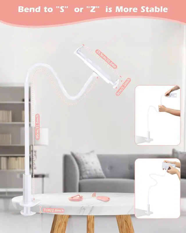 Alt view image 5 of 5 - QIWAS Gooseneck Tablet Holder for Kindle Reading in Bed with Remote Page Turner, Lazy Arm Stand for Kindle Accessories Paperwhite Colorsoft Scribe, Ereader Accessory with Clicker Page Turner (Pink)