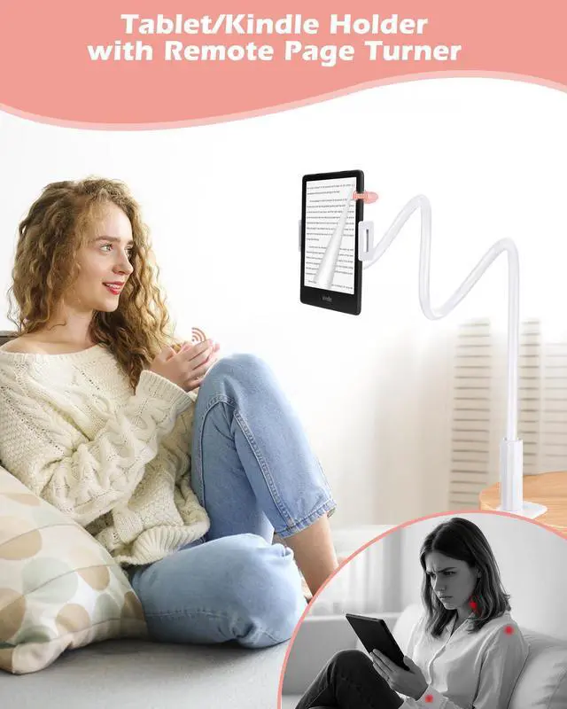 Alt view image 4 of 5 - QIWAS Gooseneck Tablet Holder for Kindle Reading in Bed with Remote Page Turner, Lazy Arm Stand for Kindle Accessories Paperwhite Colorsoft Scribe, Ereader Accessory with Clicker Page Turner (Pink)