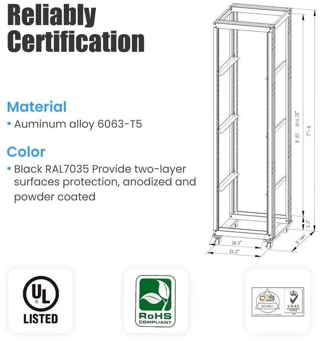 Alt view image 3 of 5 - RAISING ELECTRONICS 42U 4 Post Open Frame 19inch Server/Audio Steel Rack 24inch Deep Aluminum UL Certified
