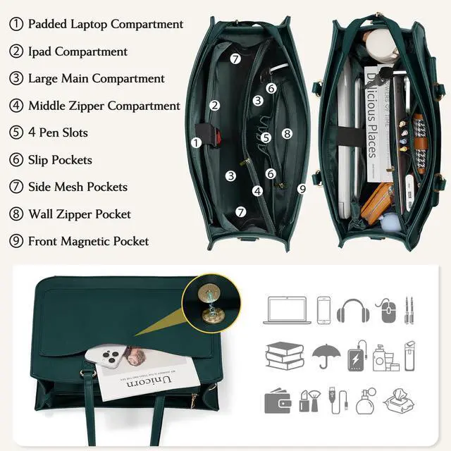 Alt view image 2 of 5 - RAINSMORE Laptop Bag for Women 15.6 Inch Work Tote Bags Leather Laptop Tote Waterproof Computer Bag Professional Office Business Briefcase Large Handbag for College Teacher Travel, Green
