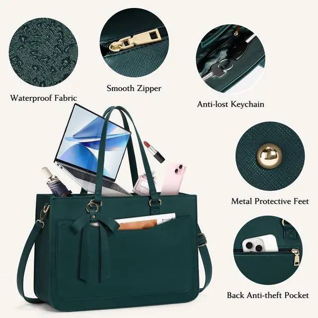 Alt view image 3 of 5 - RAINSMORE Laptop Bag for Women 15.6 Inch Work Tote Bags Leather Laptop Tote Waterproof Computer Bag Professional Office Business Briefcase Large Handbag for College Teacher Travel, Green