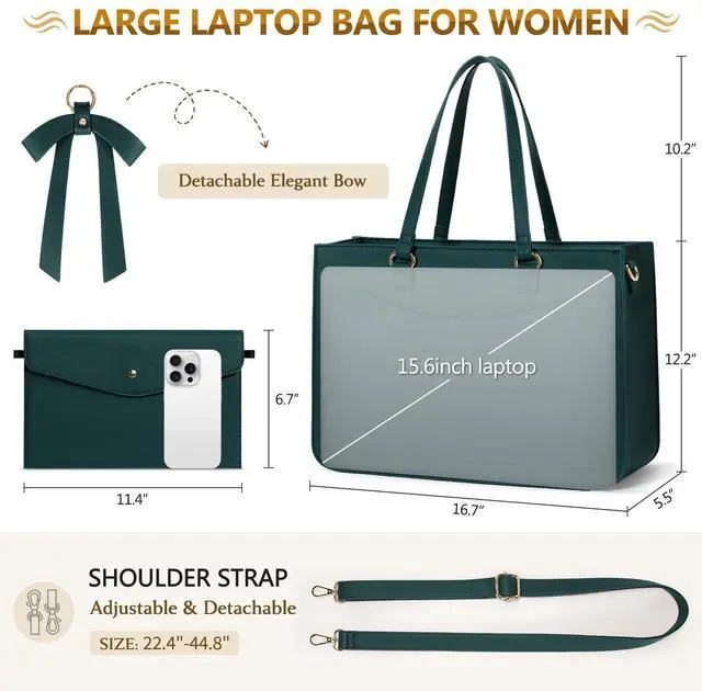 Alt view image 5 of 5 - RAINSMORE Laptop Bag for Women 15.6 Inch Work Tote Bags Leather Laptop Tote Waterproof Computer Bag Professional Office Business Briefcase Large Handbag for College Teacher Travel, Green