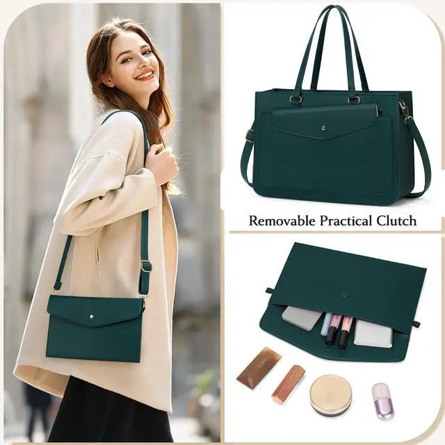 Alt view image 4 of 5 - RAINSMORE Laptop Bag for Women 15.6 Inch Work Tote Bags Leather Laptop Tote Waterproof Computer Bag Professional Office Business Briefcase Large Handbag for College Teacher Travel, Green
