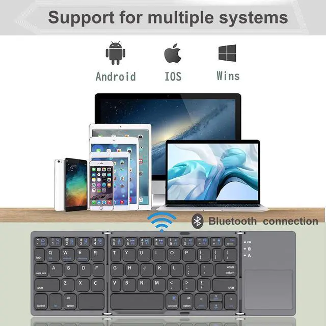 Alt view image 3 of 5 - ROCK&ROWN Foldable Bluetooth Keyboard, Pocket Size Portable Wireless Keyboard with Touchpad for Mac OS,Android, Windows, Linux, PC, Tablet, with Rechargeable Li-ion Battery-Dark Gray