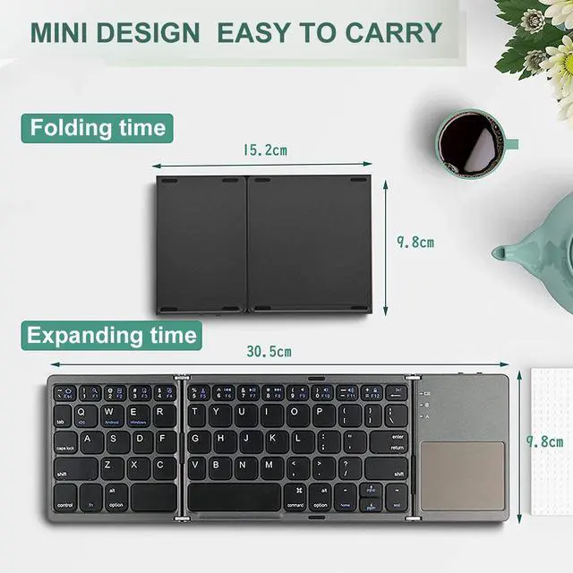 Alt view image 2 of 5 - ROCK&ROWN Foldable Bluetooth Keyboard, Pocket Size Portable Wireless Keyboard with Touchpad for Mac OS,Android, Windows, Linux, PC, Tablet, with Rechargeable Li-ion Battery-Dark Gray