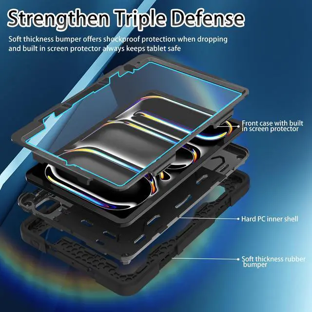 Alt view image 2 of 5 - ROSROME for 2024 iPad Pro 11 Inch Case M4 5th Generation for Kids (Model A2836, A2837, A3006) with HD Screen Protector, Shoulder Strap, 360 Stand, Hand Strap, Pen Holder|15ft Drop Protection|