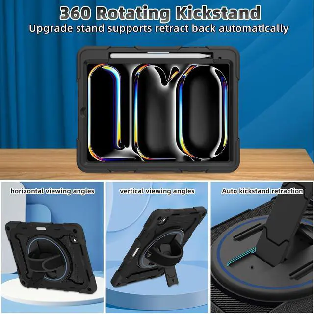 Alt view image 4 of 5 - ROSROME for 2024 iPad Pro 11 Inch Case M4 5th Generation for Kids (Model A2836, A2837, A3006) with HD Screen Protector, Shoulder Strap, 360 Stand, Hand Strap, Pen Holder|15ft Drop Protection|