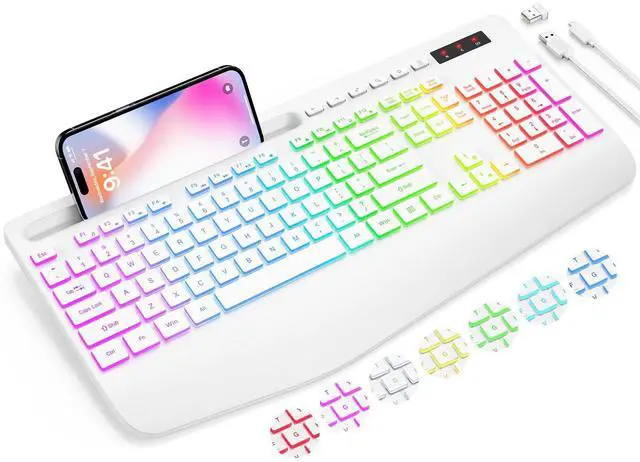 Main image of SABLUTE Wireless Keyboard with 9 Backlit Effects, Wrist Rest, Phone Holder, 2.4G Lag-Free Ergonomic Keyboards, Rechargeable Silent Cordless, for Computer, Laptop, Mac, Windows, Office, School, White