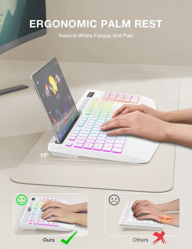 Alt view image 2 of 5 - SABLUTE Wireless Keyboard with 9 Backlit Effects, Wrist Rest, Phone Holder, 2.4G Lag-Free Ergonomic Keyboards, Rechargeable Silent Cordless, for Computer, Laptop, Mac, Windows, Office, School, White