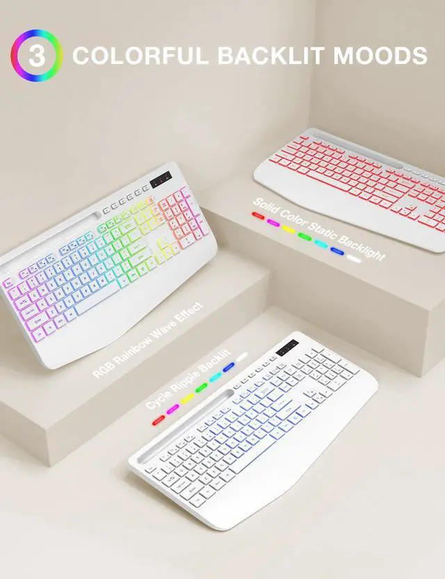 Alt view image 3 of 5 - SABLUTE Wireless Keyboard with 9 Backlit Effects, Wrist Rest, Phone Holder, 2.4G Lag-Free Ergonomic Keyboards, Rechargeable Silent Cordless, for Computer, Laptop, Mac, Windows, Office, School, White