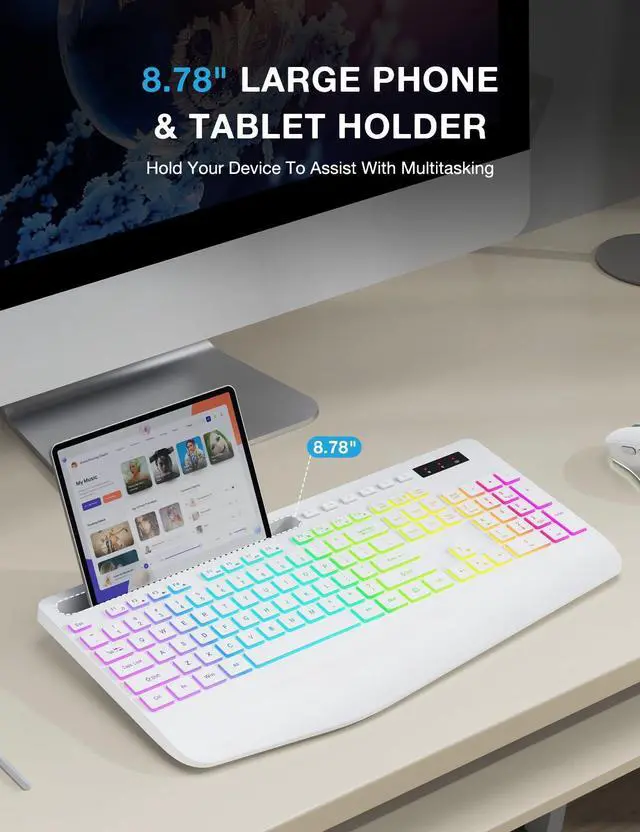 Alt view image 4 of 5 - SABLUTE Wireless Keyboard with 9 Backlit Effects, Wrist Rest, Phone Holder, 2.4G Lag-Free Ergonomic Keyboards, Rechargeable Silent Cordless, for Computer, Laptop, Mac, Windows, Office, School, White