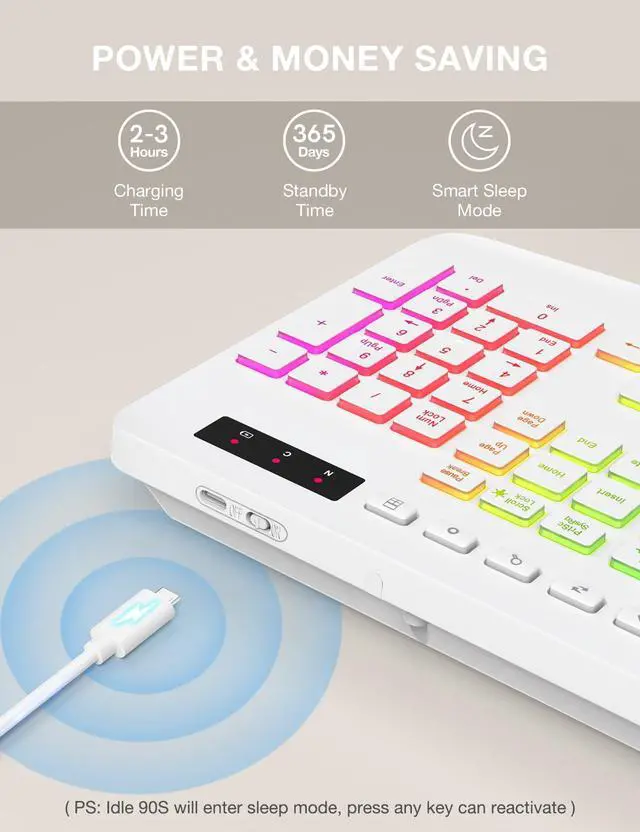 Alt view image 5 of 5 - SABLUTE Wireless Keyboard with 9 Backlit Effects, Wrist Rest, Phone Holder, 2.4G Lag-Free Ergonomic Keyboards, Rechargeable Silent Cordless, for Computer, Laptop, Mac, Windows, Office, School, White