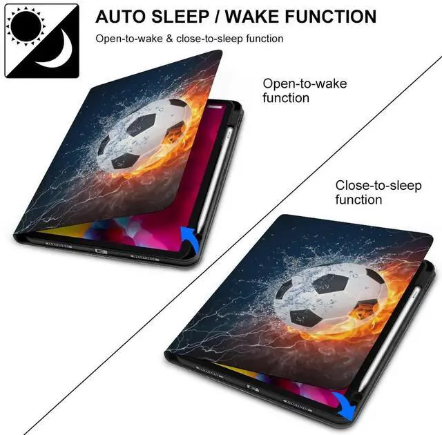 Alt view image 3 of 5 - Niapessel for iPad 9th Generation Case/for iPad Air 5th Generation Case/for iPad Pro 11 Inch, Soccer Ball Fire Water Print with Pencil Holder & Stand (TPU Leather)