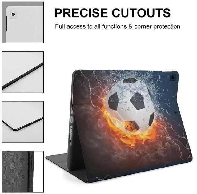 Alt view image 4 of 5 - Niapessel for iPad 9th Generation Case/for iPad Air 5th Generation Case/for iPad Pro 11 Inch, Soccer Ball Fire Water Print with Pencil Holder & Stand (TPU Leather)