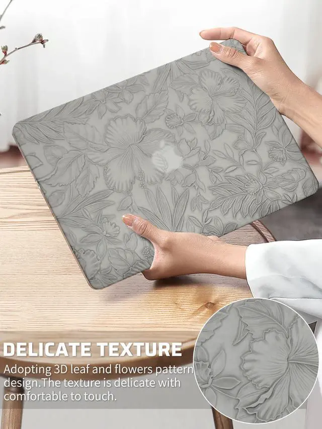 Alt view image 2 of 5 - Seorsok Compatible with MacBook Air 15 inch Case 2023 2024 2025 Release M4 A3241 M2 A2941 M3 A3114 Touch ID,Leaves Flowers Leather Plastic Hard Shell Case&Keyboard Cover,Grey Blooming Floral