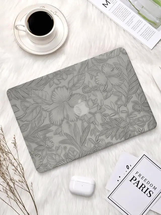 Alt view image 4 of 5 - Seorsok Compatible with MacBook Air 15 inch Case 2023 2024 2025 Release M4 A3241 M2 A2941 M3 A3114 Touch ID,Leaves Flowers Leather Plastic Hard Shell Case&Keyboard Cover,Grey Blooming Floral