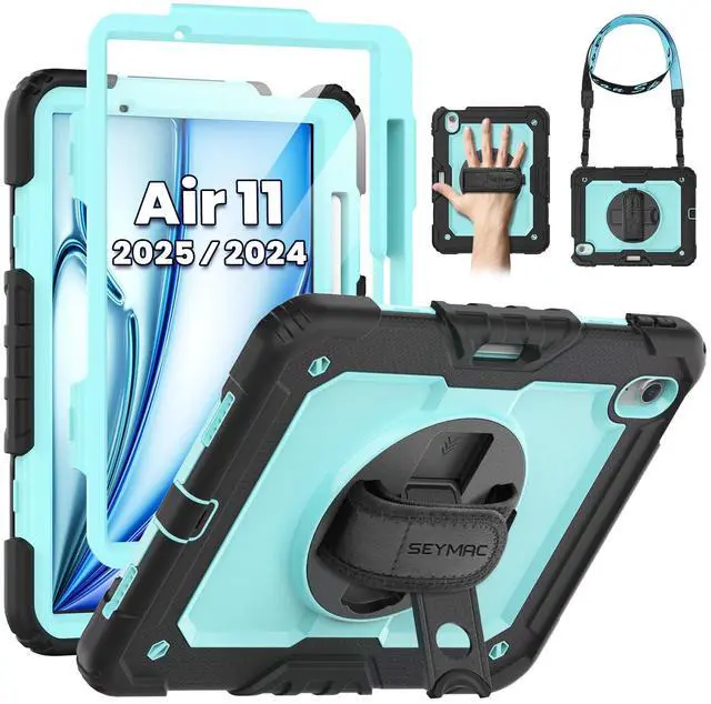 Main image of SEYMAC Case for iPad Air 11 Inch M3 2025/M2 2024 (Air 7th/6th Generation), Heavy Duty Shockproof Protective Case with Screen Protector, Rotating Stand and Hand/Shoulder Strap, Light Blue