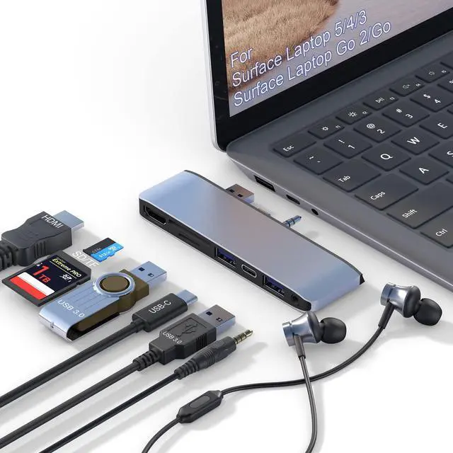 Main image of Surface Laptop 6/5/4/3/Laptop Go/Go2 Hub Docking Station with 4K@30HZ HDMI +2*USB 3.0 +USB-C +SD TF Card Slot +3.5mm Audio Adapter for Surface Laptop 3/4/5/6/Laptop Go/Go2