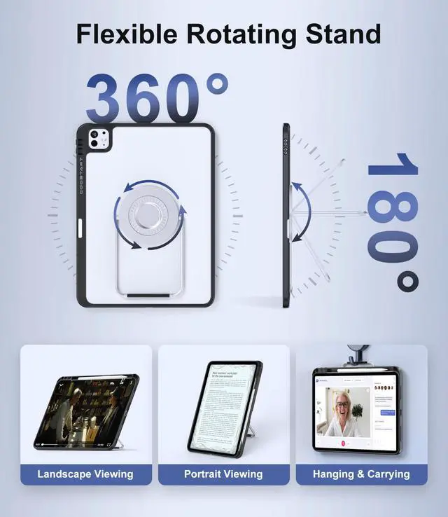 Alt view image 3 of 5 - Rotating Case for iPad Air 11 Inch (M3/M2, 2025/2024), iPad Pro 11 Inch (4th/3rd/2nd/1st) & Air 5/4 with Pencil Holder, 360 Degree Rotating Stand for Portrait/Landscape Modes, Case with Stand, Black