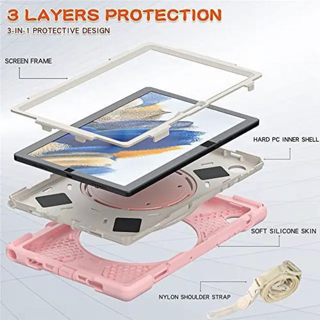 Alt view image 2 of 5 - 360 Rotation Case for Samsung Galaxy Tab A8 10.5" Sturdy Cover Rotate Ring Stand Shoulder Carrying Strap Hand Strap Rugged Children Adults Outdoor Case, Pink