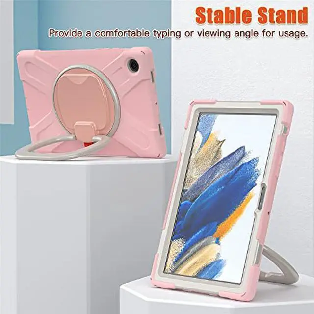 Alt view image 4 of 5 - 360 Rotation Case for Samsung Galaxy Tab A8 10.5" Sturdy Cover Rotate Ring Stand Shoulder Carrying Strap Hand Strap Rugged Children Adults Outdoor Case, Pink