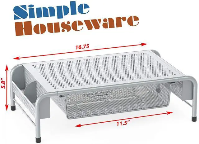 Alt view image 3 of 4 - Simple Houseware Metal Desk Monitor Stand Riser with Organizer Drawer, Silver