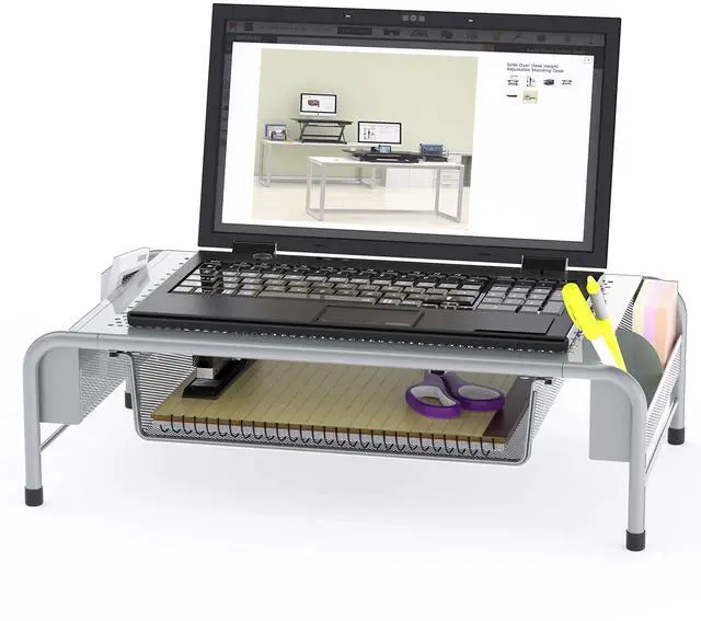Alt view image 2 of 4 - Simple Houseware Metal Desk Monitor Stand Riser with Organizer Drawer, Silver